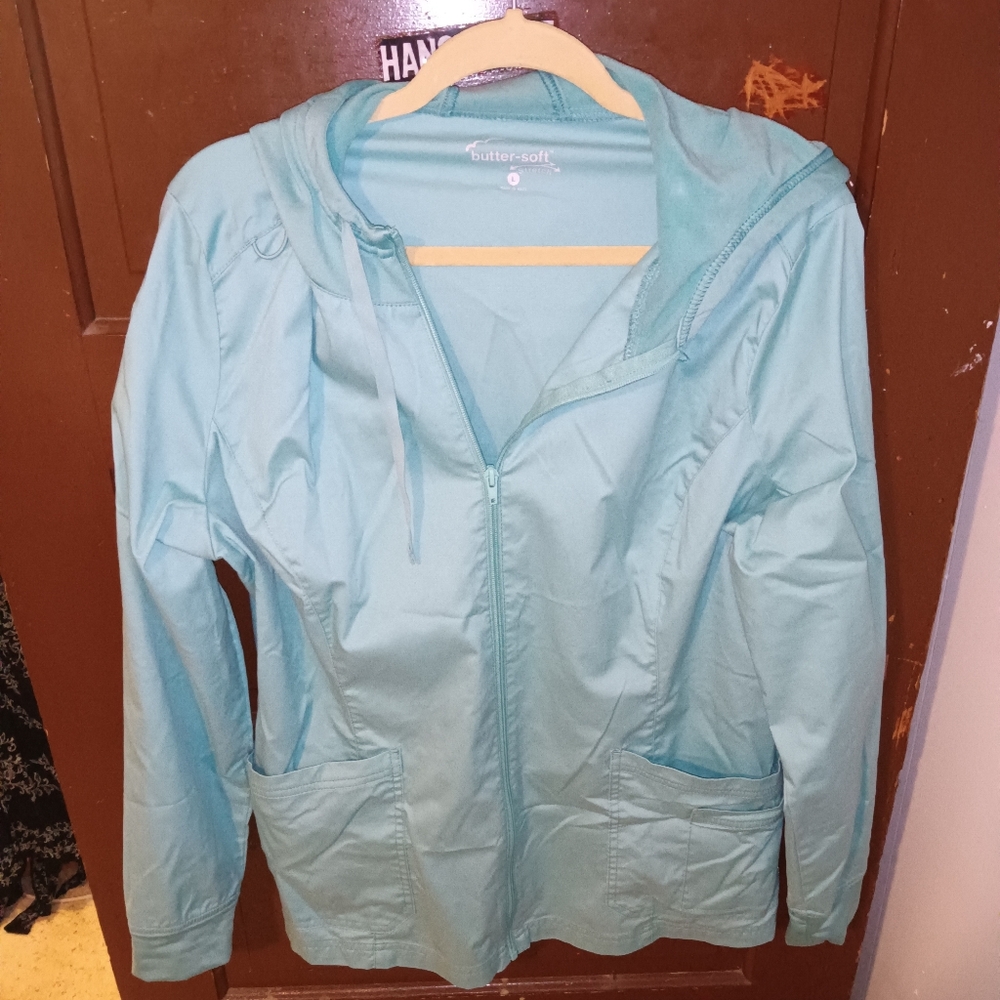 EUC Butter Soft Stretch Teal Zip Up Hooded Scrubs Jacket L